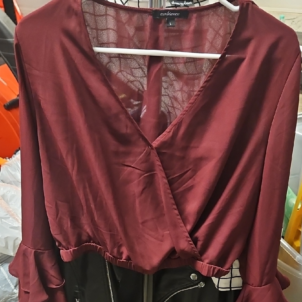 Ambiance Red Wrap Blouse with Ruffled Style